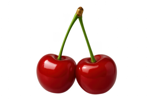 Ripe red cherries on stem transparent background