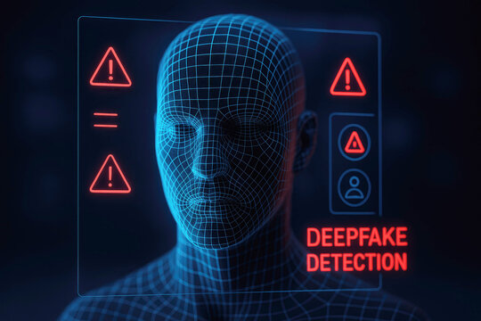 Close-up of digital wireframe face with deepfake detection interface and warning icons digital face technology