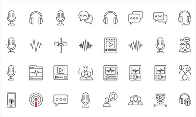 Set of podcast and audio recording icons, including microphones, headphones, sound waves, and people, for broadcast and media