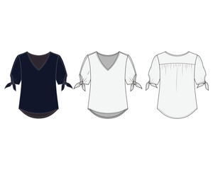 Women's blouse short sleeve top, Fashion Flat Sketch Vector Illustration, Mockup, CAD, Technical, Template.