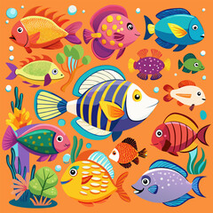 Naklejka premium “Colorful Tropical Fish Collection Cute Cartoon Sea Life Vector Illustration”