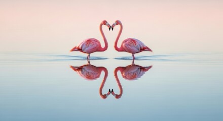 Flamingo duo creating symmetrical shapes in shallow water, pastel reflection, fine art minimalism