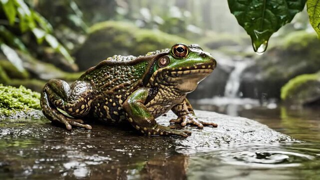 Detailed close-up of a robust green frog resting on wet, moss-covered rocks beside a flowing stream or small waterfall in a lush forest.