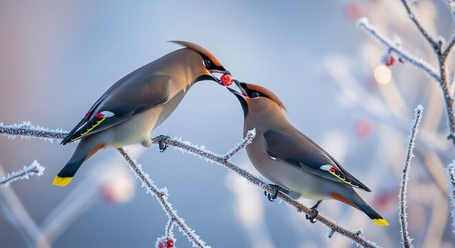 Bohemian Waxwing pair interacting on frosty branches, winter pastel palette, dreamy DOF