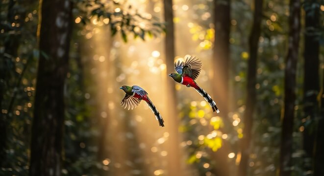 Two Elegant Trogons flying through golden forest light, shallow DOF painterly tones