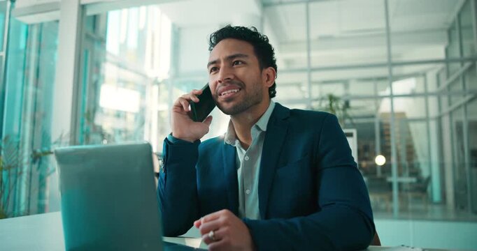 Laptop, phone call and business man in company for negotiation, investment deal or laugh. Computer, wealth advisor and talk to contact on mobile for financial feedback, corporate advice or funny joke