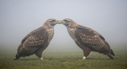 Obraz premium Philippine Eagle pair touching beaks in soft morning fog, cinematic intensity, 600mm shallow DOF