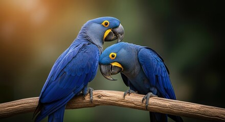 Hyacinth Macaw pair interacting on a branch, vibrant cobalt feathers illuminated by warm rim light, dreamy DOF