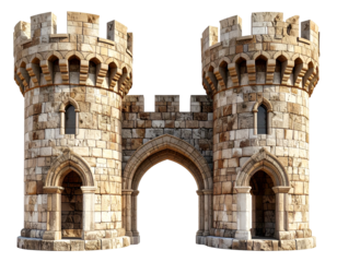 Stone fortress gatehouse with twin turrets and arched entryway
