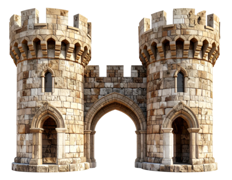 Stone fortress gatehouse with twin turrets and arched entryway