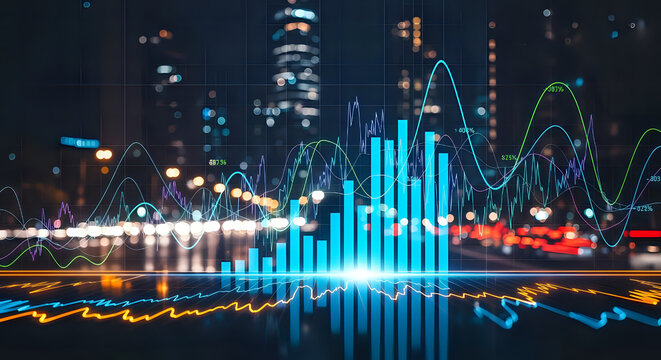 Financial stock market data analysis chart with graph and diagram in city background concept 100 on transparent background