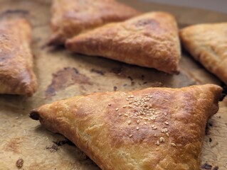 Meat and sesame pies. Top view.