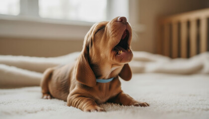 A crying and howling unattended newborn bloodhound puppy on a bed. Lonely little dog needing attention. Man's best friend.