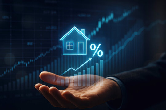 Hand holding glowing house icon with rising bar graph and percentage symbol real estate housing