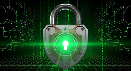 Cybersecurity padlock data protection network security information technology safety lock system shield secure on transparent background