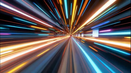 The images depict a dynamic scene of colorful light trails converging towards a distant vanishing point, creating an impression of high speed motion through a tunnel or along a futuristic roadway - Powered by Adobe