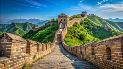 The great wall of china winding through lush green mountains under a blue sky