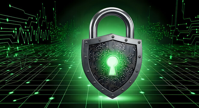 Cybersecurity concept padlock shield with digital circuit background for data protection online safety on transparent background