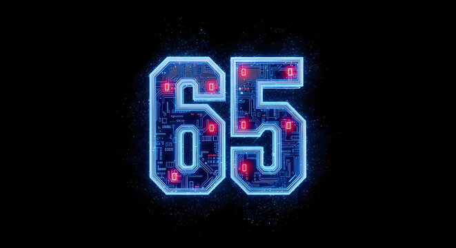 Futuristic digital number sixty five technology circuit board design glowing neon light effect render on transparent background - Powered by Adobe