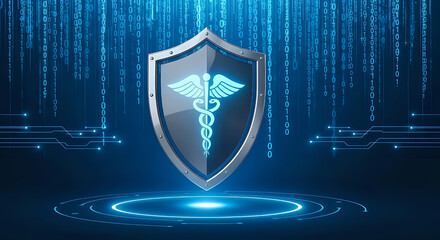 Medical data protection healthcare cybersecurity shield with caduceus symbol concept design on transparent background