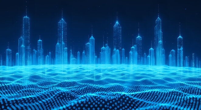 Futuristic city skyline technology background digital cityscape abstract design blue neon light rendering on transparent background