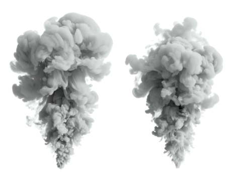 Two detailed plumes of gray smoke erupting upwards against black