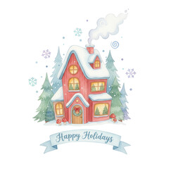 Fototapeta premium Cozy winter house with snow, pine trees, and festive decorations, conveying a warm holiday spirit