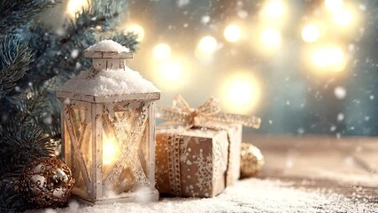 Rustic lantern illumination beside festive gift during snowfall