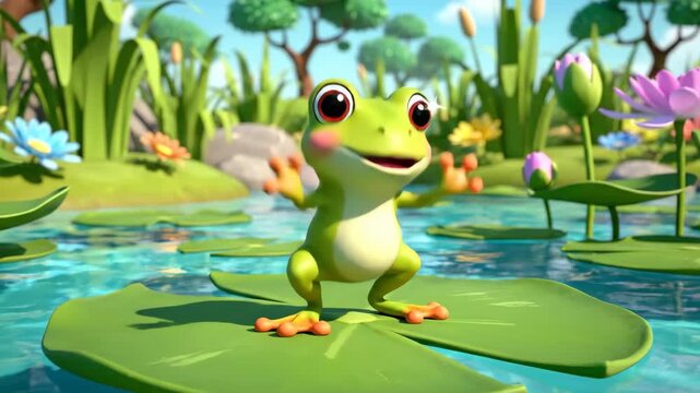 Cute green cartoon frog standing confidently on lily pads in a serene pond surrounded by water lilies and lush aquatic plants under a blue sky.