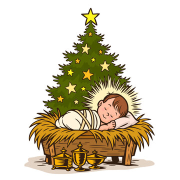 Baby Jesus in the manger, Christmas celebration. Star of Bethlehem.