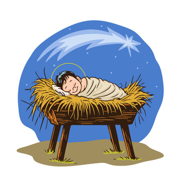 Baby Jesus in the manger, Christmas celebration. Star of Bethlehem.