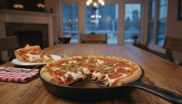 A homemade deep dish pizza on a dining room table. One slice served on a plate. A glass of wine. Outdoor view.