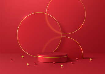 Red 3D cylindrical podium background with overlap layers golden circle ring scene. Minimalist geometric platforms mockup pedestal design. Abstract stands product display presentation. Stage showcase.