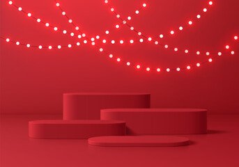 Red 3D round podium Christmas new year background with Hanging light bulbs scene. Minimalist geometric platforms mockup pedestal design. Abstract stands product display presentation. Stage showcase.