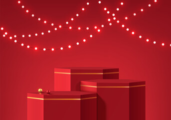 3D red hexagon podium Christmas new year background with Hanging light bulbs scene. Minimalist geometric platforms mockup pedestal design. Abstract stands product display presentation. Stage showcase.