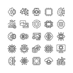Artificial intelligence icon set collection. Containing cog, server, intelligence, report, vision, brain, chart.Line vector icons collection
