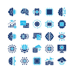 Artificial intelligence icon set collection. Containing cog, server, intelligence, report, vision, brain, chart.Solid vector icons collection