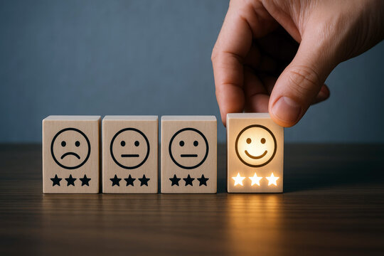 Hand selecting a happy face block with three glowing stars 