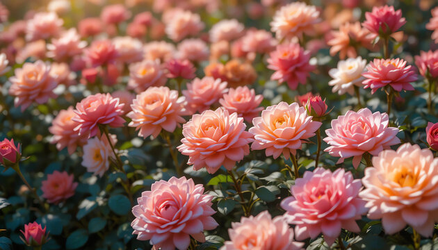 lush floral scenery, mixed roses in summer bloom, bright color palette, garden - Powered by Adobe