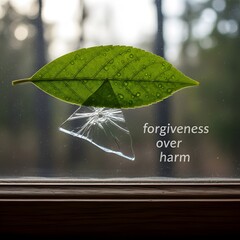 A green leaf with droplets of water and a cracked glass piece on a window, symbolizing forgiveness overcoming harm and promoting peace and reconciliation