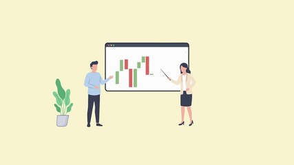 Two business professionals analyzing a candlestick stock chart on a digital screen. - Powered by Adobe