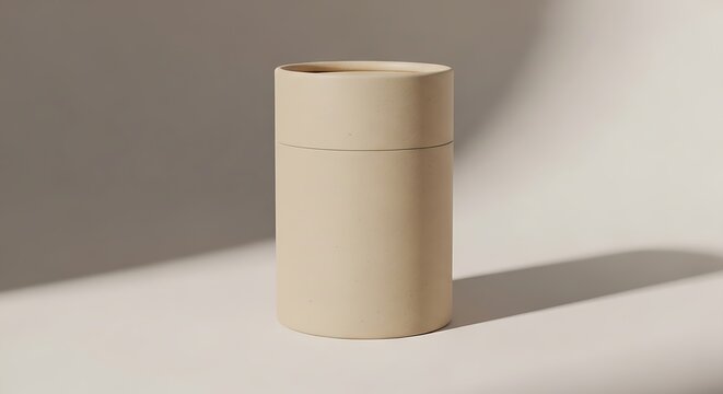 Simple beige cylindrical packaging tube with lid on light background, studio shot. - Powered by Adobe