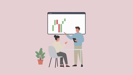 A financial analyst explains stock market trends on a candlestick chart to a colleague in a modern office setting. - Powered by Adobe