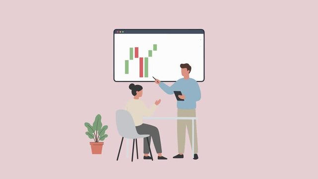 A financial analyst explains stock market trends on a candlestick chart to a colleague in a modern office setting.