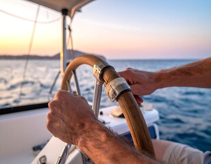 Close-up shows hands gripping wooden ship's wheel, sailing on the open ocean with a pastel sky