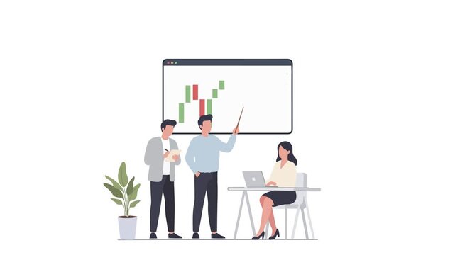 A team of business professionals analyzing a financial candlestick chart on a large screen during a meeting.