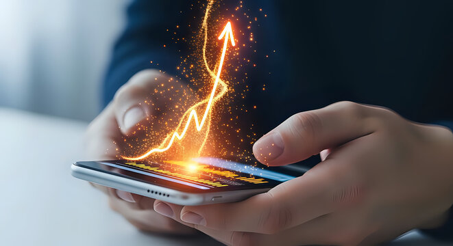 Mobile stock market investment app with growth arrow and financial chart analysis on smartphone screen on transparent background - Powered by Adobe