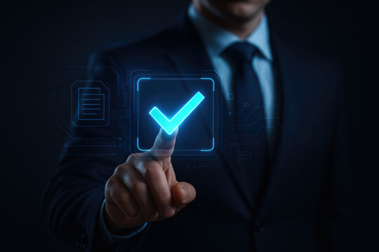 Hand touching glowing blue checkmark icon within a digital interface pointing finger