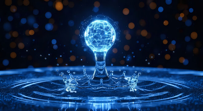 Water drop impact with digital sphere technology abstract background for science and innovation 3d render on transparent background