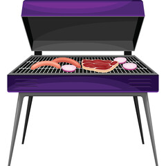 Purple Outdoor Barbecue Grill With Steak Sausages And Onion Slices Cooking On The Grate In Natural Daylight With Transparent Background